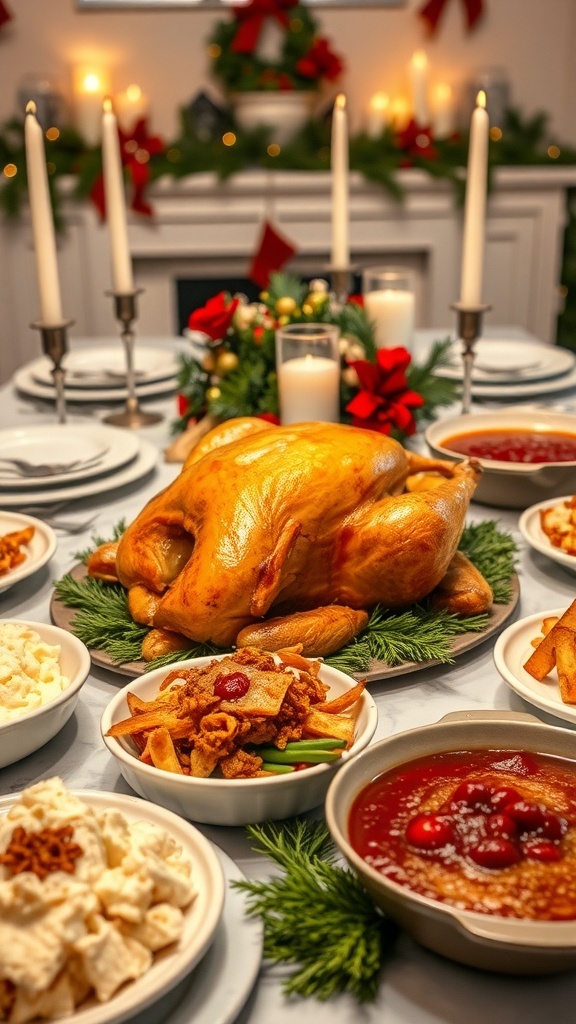 A festive Christmas dinner table with roasted turkey, mashed potatoes, green bean casserole, and cranberry sauce.